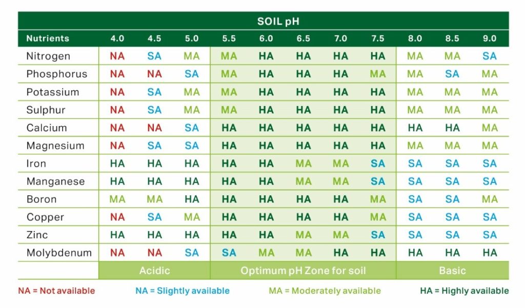 Grass nutrient availability displayed in a table