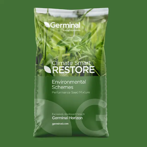 A seed bag render of Germinal's Climate Smart RESTORE range