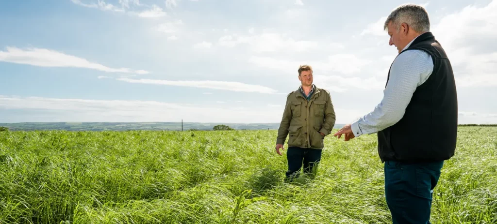 Germinal expert Paul Morgan standing in a field with a farmer on a sunny day.