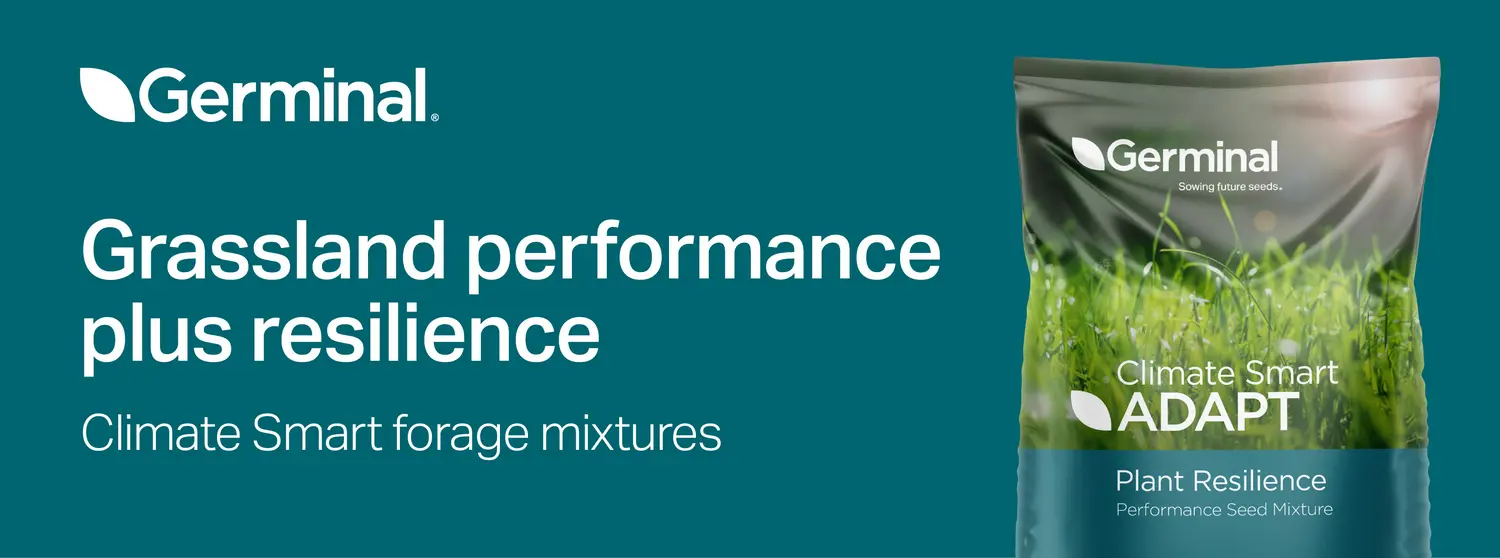 A teal banner image with the Germinal logo and a bag of Climate Smart Adapt seed. The tagline is: Grassland performance plus resilience.