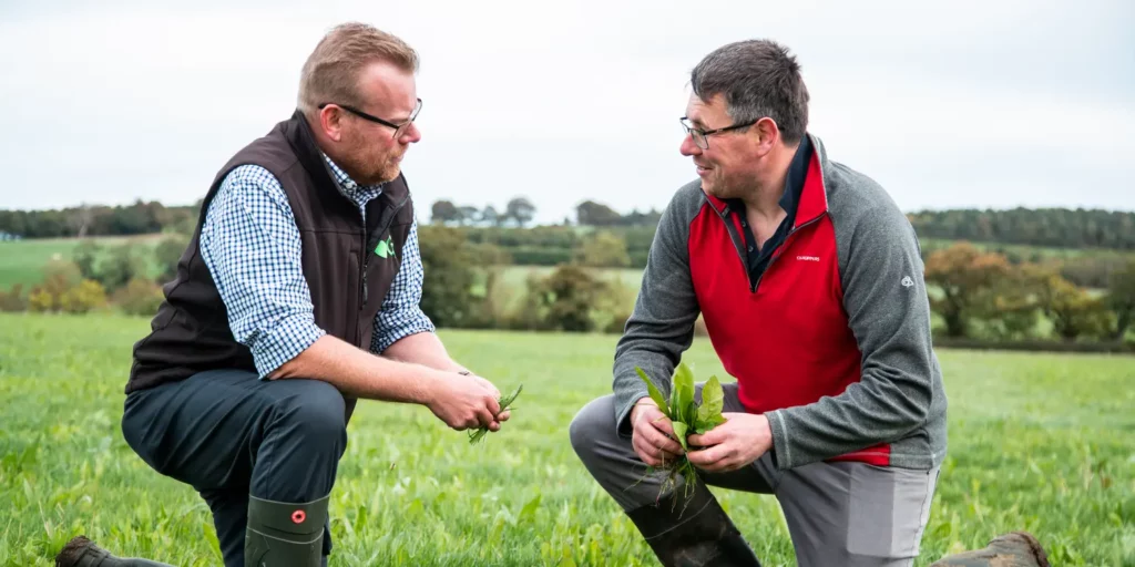 Farmer Mark Housby crouching in a grass field with Germinal grassland expert William Fleming.